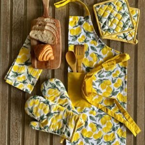 Oak & Lily Combo Set of Yellow Lemon Print Apron, Microwave Oven Mittens & Pot Holders |100% Cotton| Machine Washable| European Quality